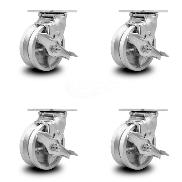 5 Inch V Groove Semi Steel Swivel Caster Set with Ball Bearings and Brakes SCC